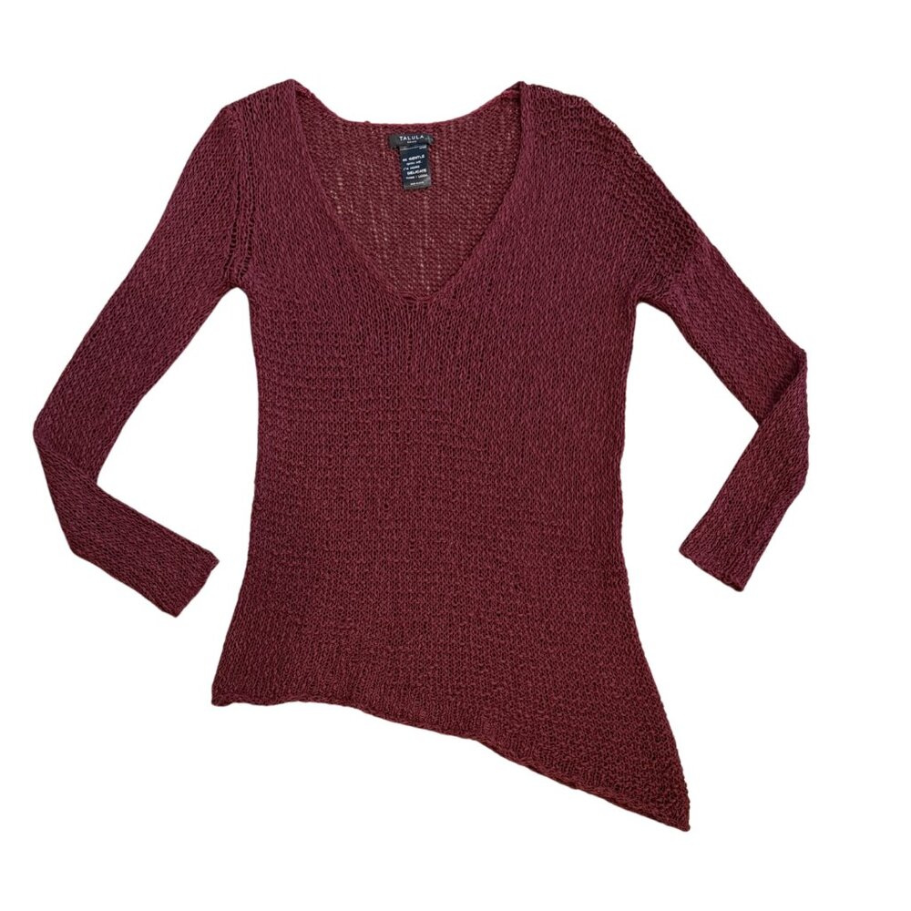 Talula Open Knit Crochet Slouchy Asymmetrical V-Neck Sweater Burgundy Sz Small
